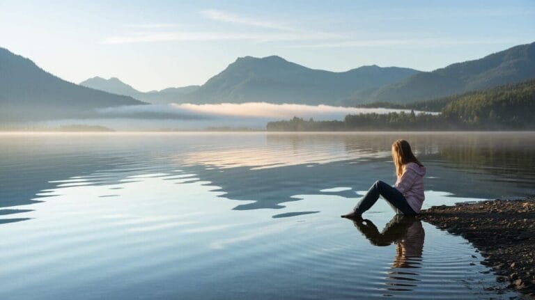 girl sits by calm lake at dawn, reflecting the surrounding mountains and a clear blue sky