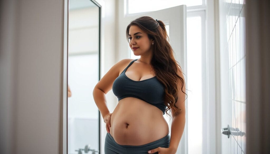 close-up shot of a woman standing in front of a full-length mirror